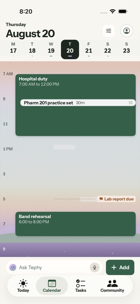 Tephy Calendar, day view for Thursday. Hospital duty in the morning with a practice set inside it, a flag for a lab report due at 5, and band rehearsal in the evening, over a sky that fades from peach to lavender.