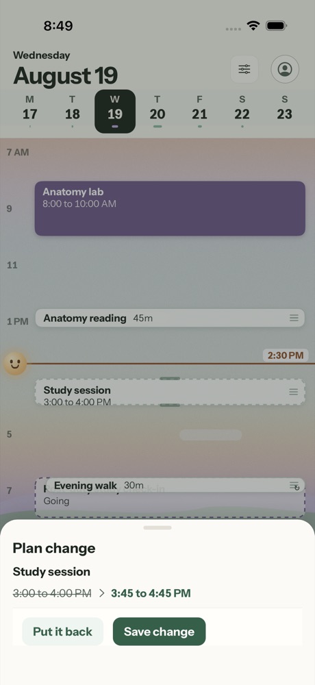 A plan change on the Tephy calendar. Study session moves from 3:00 to 4:00 PM to 3:45 to 4:45 PM, with buttons for Put it back and Save change.